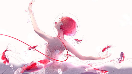Dançarina de balé, 4K, Anime girl, Peixes Koi, Rosa, Peixes, HD papel de parede HD wallpaper