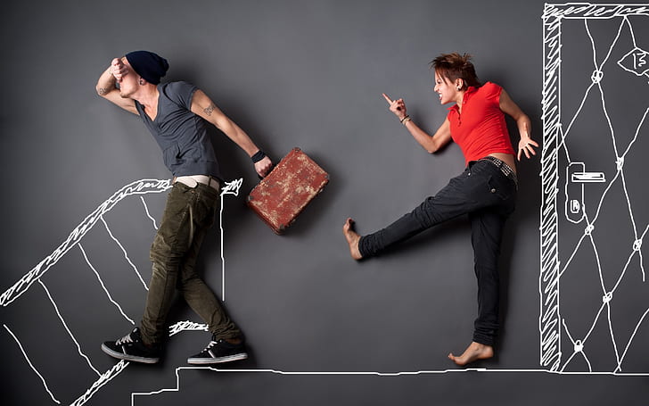 Couple Breaks Up, couple, love, relationship, funny, wall drawing, HD wallpaper