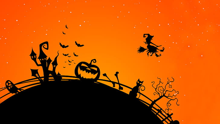Schloss, Halloween-Kürbis, Fledermäuse, Halloween-Hexe, 4K, HD-Hintergrundbild