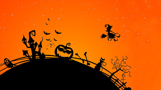 Castello, zucca di Halloween, pipistrelli, strega di Halloween, 4K, Sfondo HD HD wallpaper