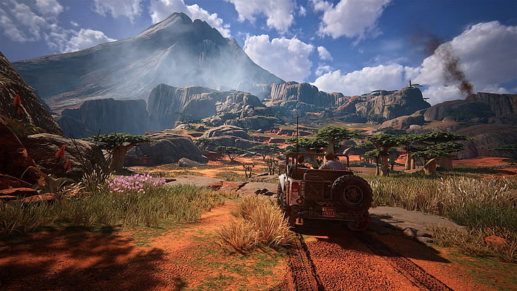 dos hombres que viajaban en vehículo hacia el fondo de pantalla de la montaña, en el juego, Uncharted 4: A Thief's End, montañas, desierto, videojuegos, Fondo de pantalla HD