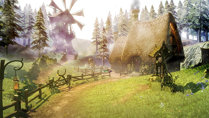 maison brune entre l'herbe et les arbres et le papier peint numérique de moulin à vent, Fable II, illustrations, jeux vidéo, Fond d'écran HD