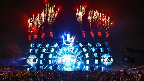 blue and white stage lights, Ultra Music Festival, music, HD wallpaper HD wallpaper