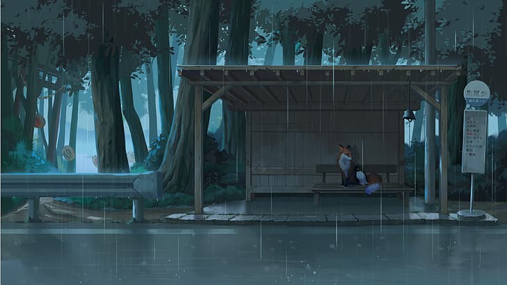 行之LV, digital art, bus stop, fox, Penguin, rain, trees, HD wallpaper