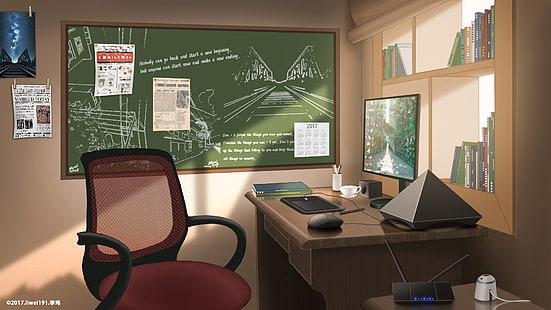 Аниме, оригинал, стол, компютър, писалка, стая, HD тапет HD wallpaper