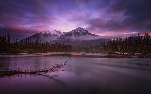 przyroda, krajobraz, spokój, jezioro, mgła, Park Narodowy Banff, góry, Kanada, las, chmury, zaśnieżony szczyt, niebo, woda, Tapety HD HD wallpaper