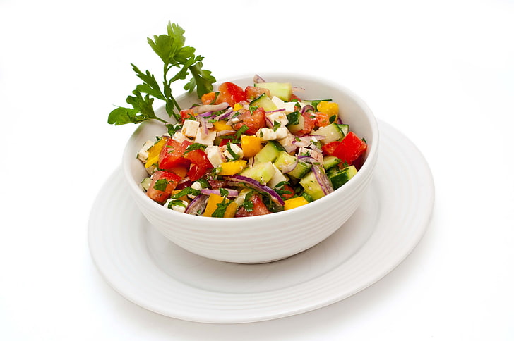 овощной салат, салат, овощи, блюдо, кубики, белый фон, петрушка, HD обои
