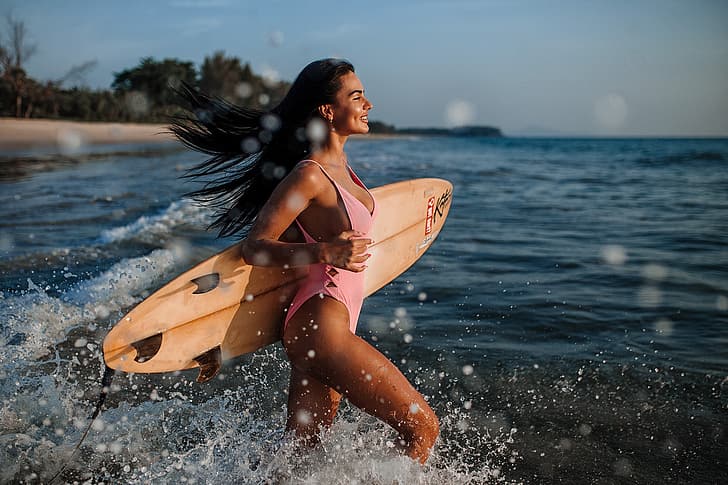 swimsuit, girl, pose, mood, the ocean, figure, Board, surfing, surfboard, Evgeny Freyer, Eugene Freyer, HD wallpaper