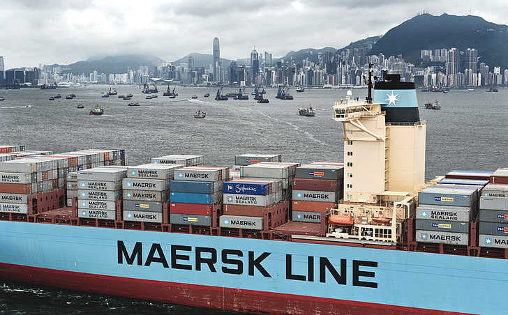 Łódź żeglugowa Maersk Line, Hongkong, miasto, sąd, statek, dużo, kontenerowiec, zachmurzenie, Maersk, Maersk Line, ładunek, kontener, Tapety HD