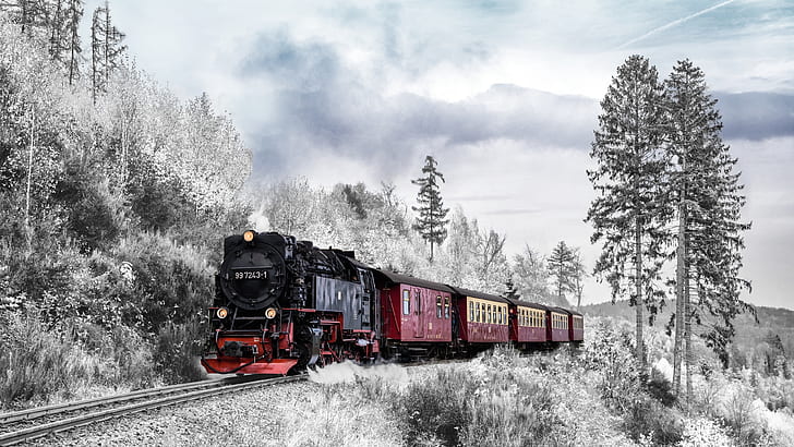 bahn, transport, schienentransport, zug, wald, winter, schnee, lokomotive, HD-Hintergrundbild
