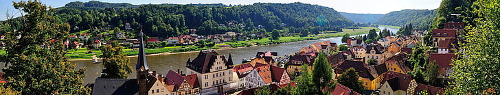 Germany, Europe, river, town, hills, mountains, water, grass, trees, green, sky, panorama, HD wallpaper