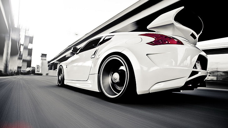 white coupe, car, Nissan, Nissan 370Z, motion blur, HD wallpaper