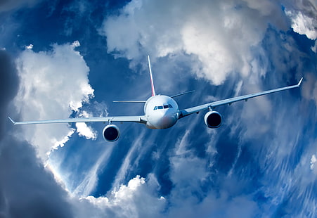 avion blanc, ciel, nuages, vol, avion, beau, Fond d'écran HD HD wallpaper