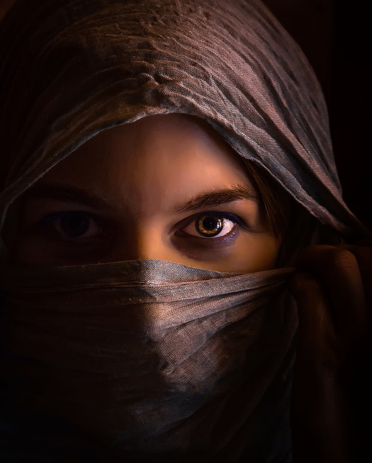 hijab grigio da donna, occhi, ragazza, sciarpa, misterioso, Sfondo HD, sfondo telefono