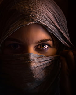 дамски сив хиджаб, очи, момиче, шал, мистериозен, HD тапет HD wallpaper