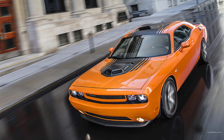 Dodge Challenger HD, orange and black sports coupe, cars, dodge, challenger, HD wallpaper