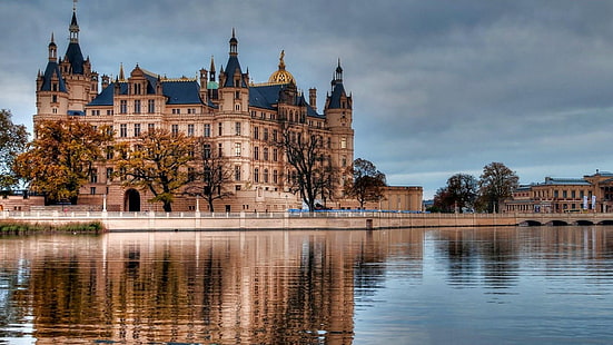 Castello di Schwerin, Germania, Meclemburgo, Pomerania Anteriore, lago, castello, Schwerin, città, Sfondo HD HD wallpaper