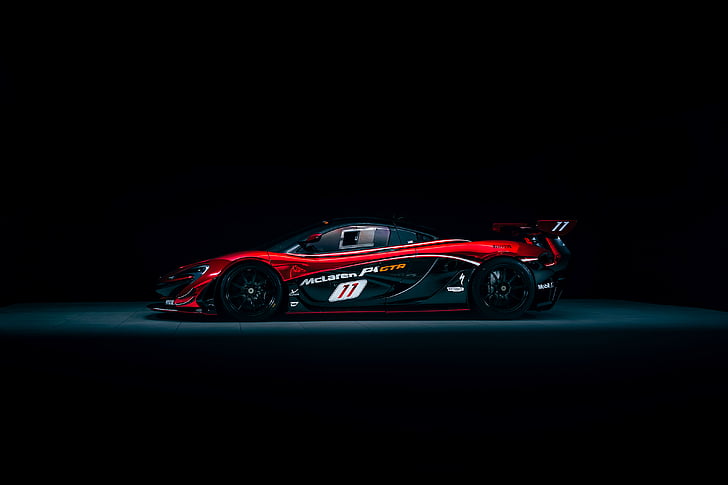 czerwony i czarny super samochód, McLaren P1 GTR, hybrydowy samochód sportowy, 4K, Tapety HD