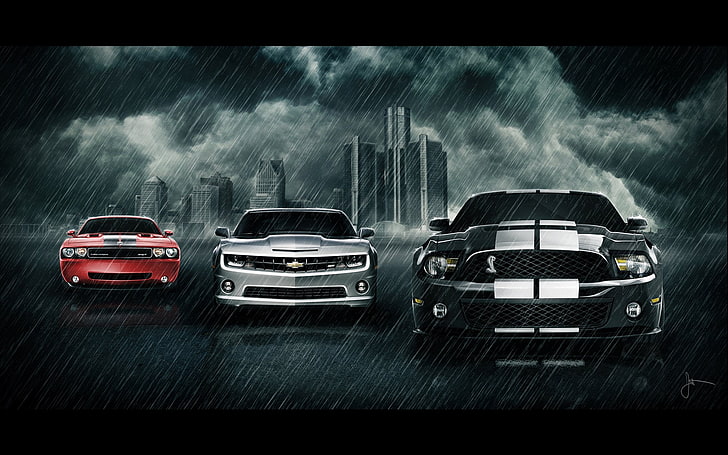 tiga mobil Chevrolet merah, abu-abu, dan hitam, Kendaraan, Mobil, Chevrolet Camaro, Ford Mustang, Rain, Wallpaper HD