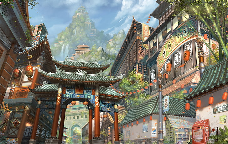 зеленая арочная роспись, город, азия, здания, гора, бамбук, арт, огни, водопады, chaoyuanxu, HD обои