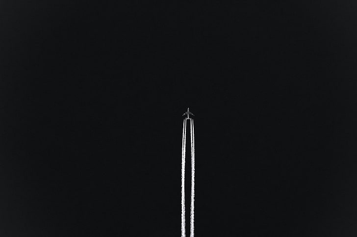 grey contrails, airplane, track, night, sky, takeoff, HD wallpaper