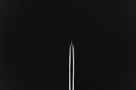 grey contrails, airplane, track, night, sky, takeoff, HD wallpaper HD wallpaper