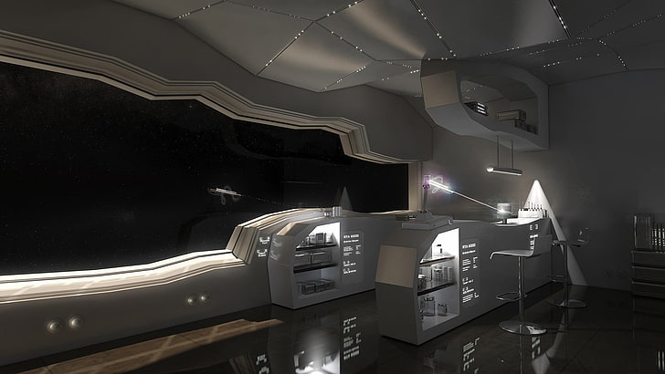 deux tabourets de bar hydrauliques blanc et gris, science-fiction, espace, station spatiale, rendu, Fond d'écran HD