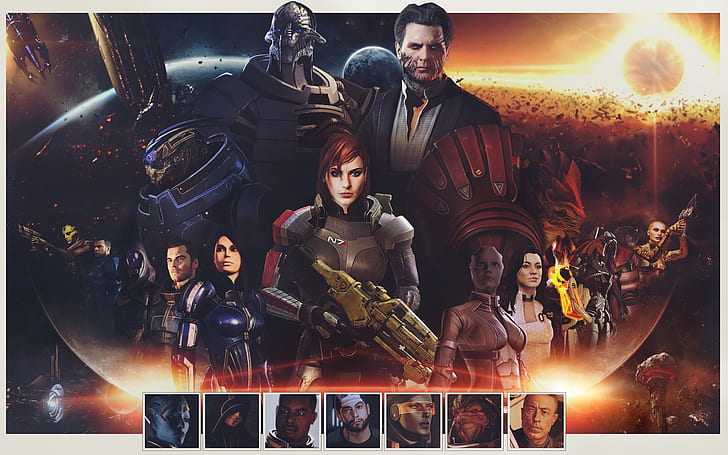 Mass Effect, Эшли Уильямс, коммандер Шепард, Гаррус Вакариан, Джек (Mass Effect), Джеймс Вега, Джавик (Mass Effect), Кайдан Аленко, Легион (Mass Effect), Лиара Т'Сони, Миранда Лоусон, Мордин Солус, Сарен Артериус,Тали'Зора, Тане Криос, HD обои