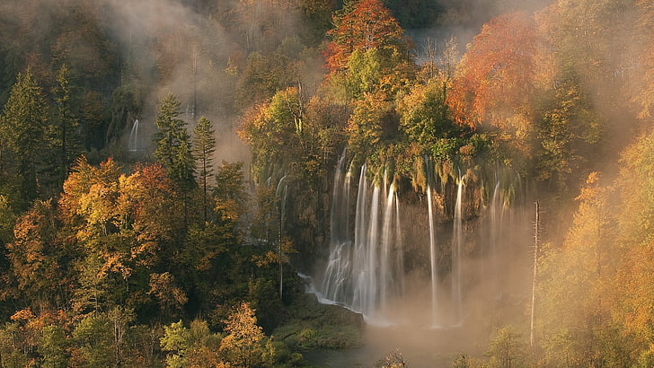 водопади живопис, природа, пейзаж, водопад, гора, дървета, HD тапет