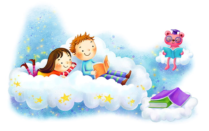 Art, Kids, Boy, Girl, Reading, Books, Clouds, Simple Background, Stars, art, kids, boy, girl, reading, books, clouds, simple background, stars, HD wallpaper