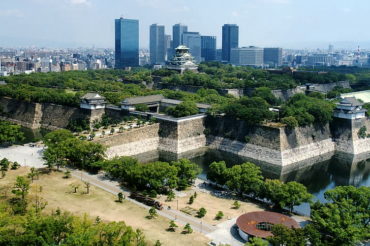 Osaka, castelo, Centro da cidade, Japão, Arquitetura asiática, Ásia, Árvores, parque, urbano, arquitetura, arranha-céu, Osaka Castle, Osaka Castle Park, Osaka Business Park, HD papel de parede