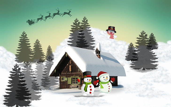 Празник, Коледа, хижа, северни елени, дядо Коледа, шейна, сняг, снежен човек, дърво, зима, HD тапет