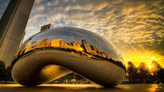 reflexión, cielo, amarillo, punto de referencia, arquitectura, Chicago bean, agua, luz solar, Chicago, el bean, Cloud Gate, Illinois, Estados Unidos, Estados Unidos, Fondo de pantalla HD HD wallpaper