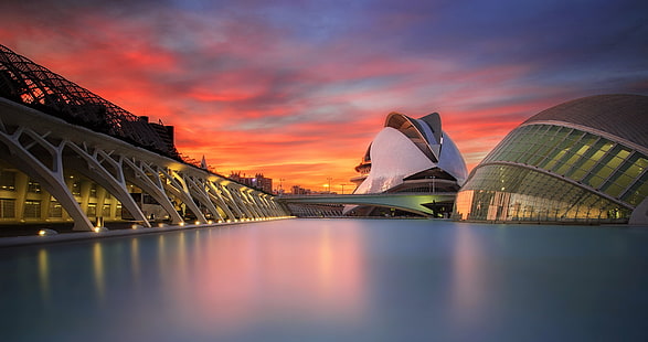 City of Arts and Sciences, Valencia, Sunset, Spain, 4K, วอลล์เปเปอร์ HD HD wallpaper