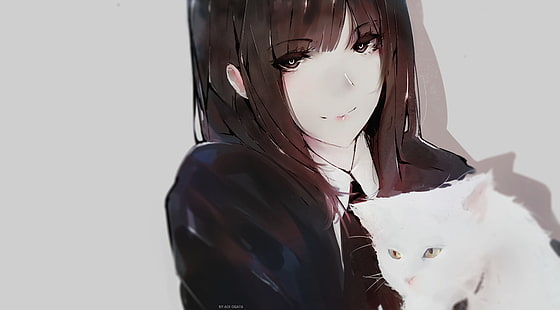 Аой Огата, аниме, аниме девушки, портрет, брюнетка, кошка, лицо, животные, HD обои HD wallpaper