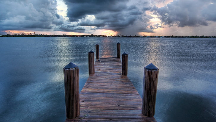 braune hölzerne Dock Tapete, Meer, Pier, Himmel, Wolken, HDR, HD-Hintergrundbild