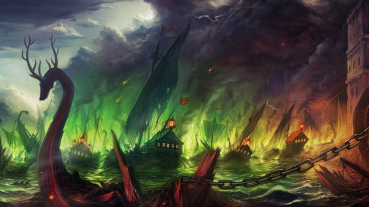 Lagu Es dan Api, Game of Thrones, seni digital, siluet kapal perang di atas perairan dekat lukisan naga laut, lagu es dan api, game of thrones, seni digital, Wallpaper HD