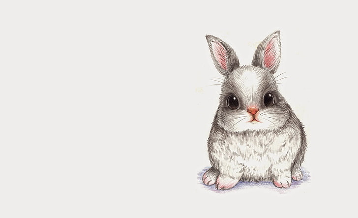 Ilustración de conejito blanco y gris, animales, figura, conejo, bebé, arte, lápiz, conejito, infantil, Fondo de pantalla HD
