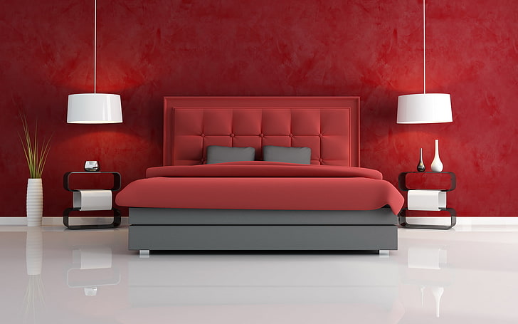 grå sängram i trä, vit, röd, stil, rum, säng, vaser, HD tapet