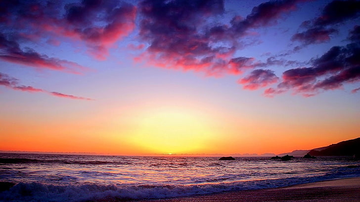 landscape, sunset, skyscape, purple sky, sky, horizon, HD wallpaper