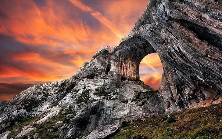 nature, landscape, rock formation, cliff, sunset, rock, HD wallpaper