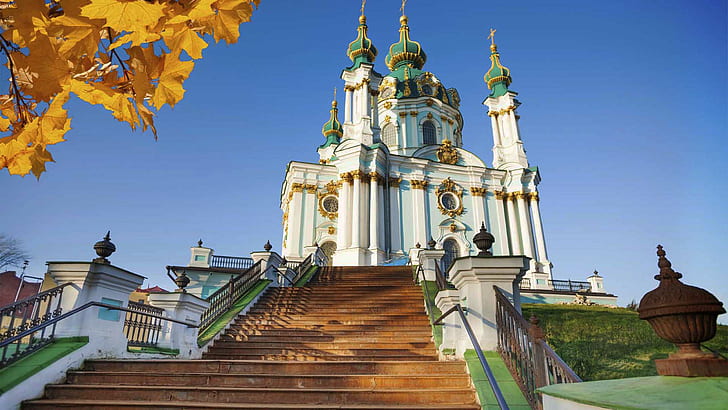 Église Saint-André avec escaliers en automne, Kiev, Fond d'écran HD