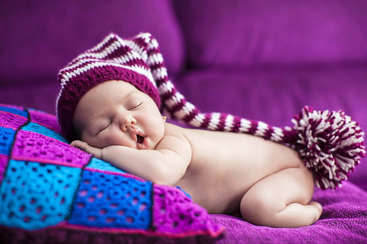 white and maroon knitted beanie, baby, sleeping, HD wallpaper