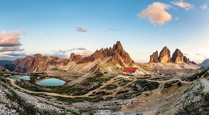 brązowa góra, fotografia, krajobraz, przyroda, góry, jezioro, lato, zachód słońca, chata, Dolomity (góry), Włochy, Tapety HD