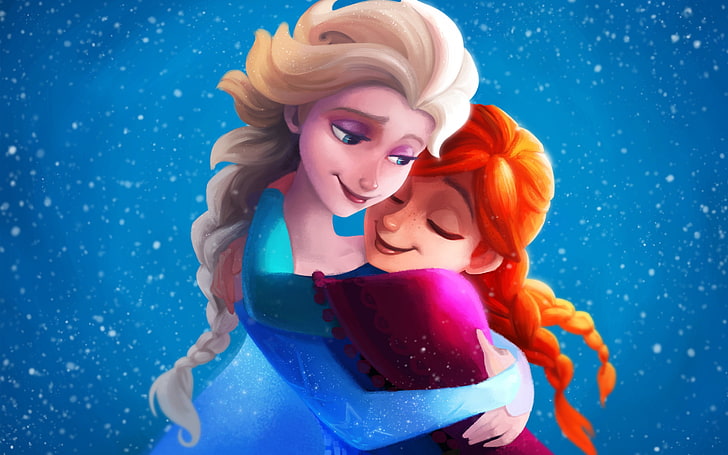 Anna and Elsa of Frozen illustration, snowflakes, figure, cartoon, fantasy, art, Frozen, Disney, Anna, sisters, Princess, Elsa, Snow Queen, Cold heart, HD wallpaper