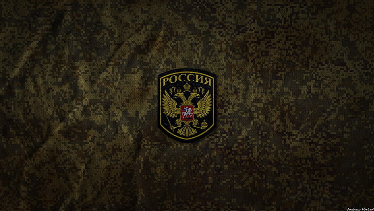 yellow and black POCCNR patch, Russian Army, camouflage, military, army, Russia, HD wallpaper