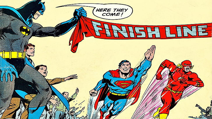 Супермен срещу The Flash състезателна комична илюстрация, DC Comics, Батман, Супермен, Флаш, стар, HD тапет