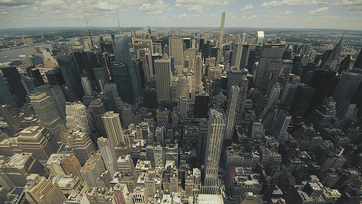 aerial view of high-rise building, New York City, horizon, skyline, city, faded, HD wallpaper