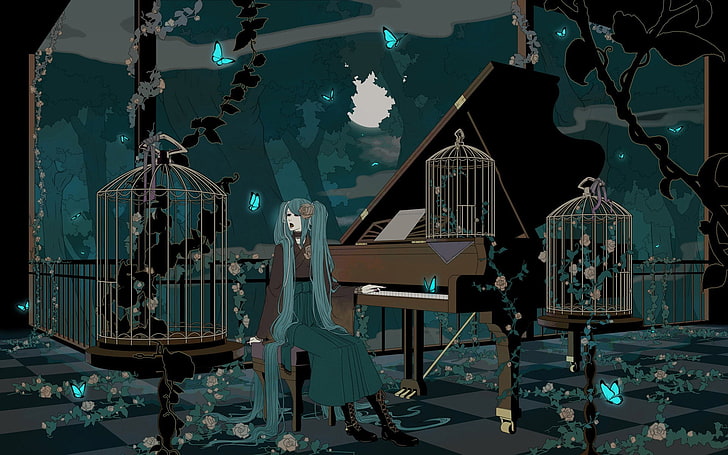 Hatsune Miku, Vocaloid, anime girls, piano, cages, anime, HD wallpaper