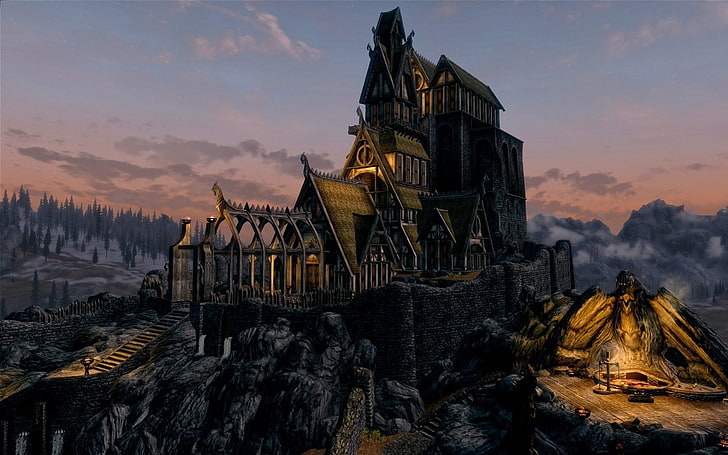 منزل بني على لوحة التل ، عمل فني ، هندسة معمارية ، بناء ، فن رقمي ، The Elder Scrolls V: Skyrim ، ألعاب فيديو ، روك ، ضباب ، أشجار ، منزل ، Whiterun ، قصر ، Dragonsreach، خلفية HD